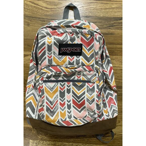 Jansport Backpack W/ Suede Leather Bottom Laptop Pocket Coral Dusk Chevron - Picture 1 of 10